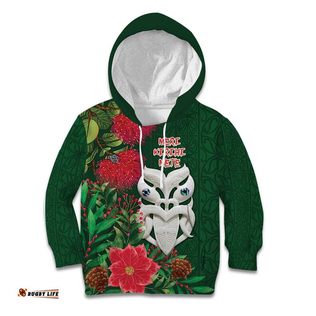 Maori Wheku Meri Kirihimete Personalised Kid Hoodie All Green Indigenous Maori Motif LT9