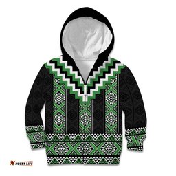 Green Taniko Pattern Aotearoa Kid Hoodie Niho Taniwha Mix Poutama LT14