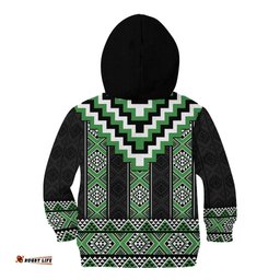 Green Taniko Pattern Aotearoa Kid Hoodie Niho Taniwha Mix Poutama LT14