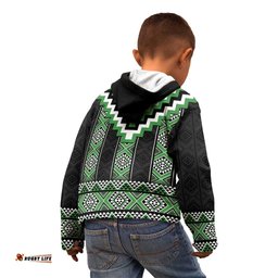Green Taniko Pattern Aotearoa Kid Hoodie Niho Taniwha Mix Poutama LT14