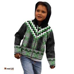 Green Taniko Pattern Aotearoa Kid Hoodie Niho Taniwha Mix Poutama LT14