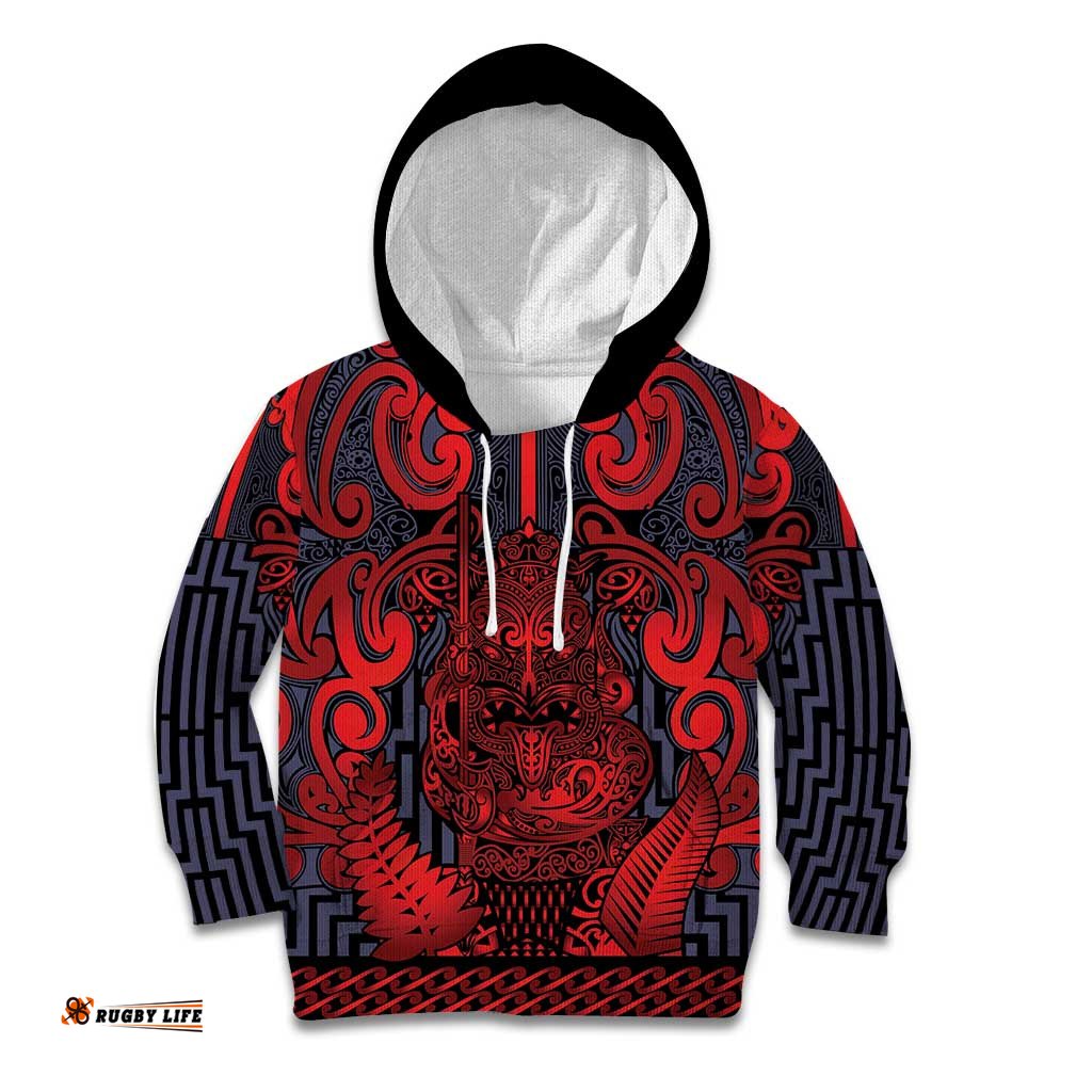 Custom New Zealand Taiaha Maori Kid Hoodie Whero Minimalist Silver Fern Tukutuku Motif LT9