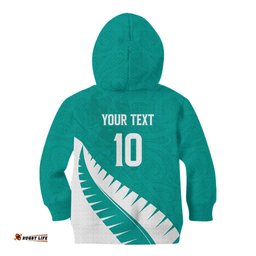 Custom New Zealand Cricket Kid Hoodie Kiwi Birds Haka Dance Turquoise Fern Sporty Style LT03