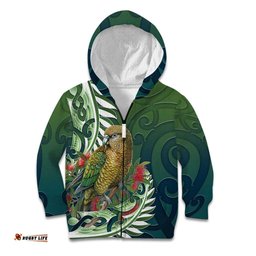 New Zealand Kea Bird Kid Hoodie With Maori Koru Fern LT05