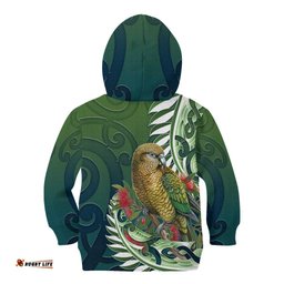 New Zealand Kea Bird Kid Hoodie With Maori Koru Fern LT05