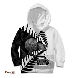 New Zealand Silver Fern Curling Personalised Kid Hoodie Aotearoa Kiwi Ponga Black White Version LT14