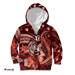 Personalised Maori Romantic Valentine Kid Hoodie The Hongi Kiss Red Galaxy DT05