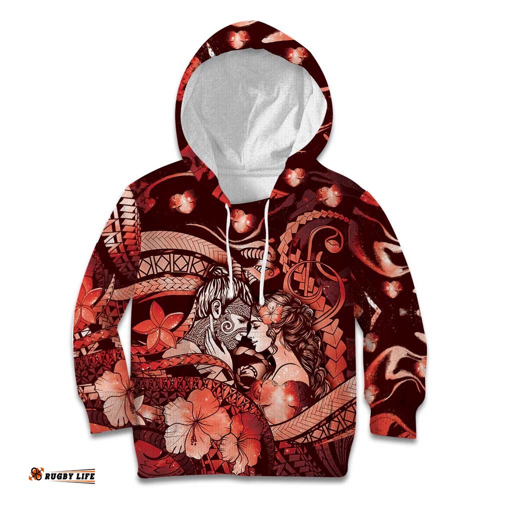 Personalised Maori Romantic Valentine Kid Hoodie The Hongi Kiss Red Galaxy DT05