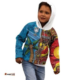 Personalised Australia and Fiji Together Kid Hoodie Tribal Palm Tree with Tapa and Aboriginal Animals Half Style LT03