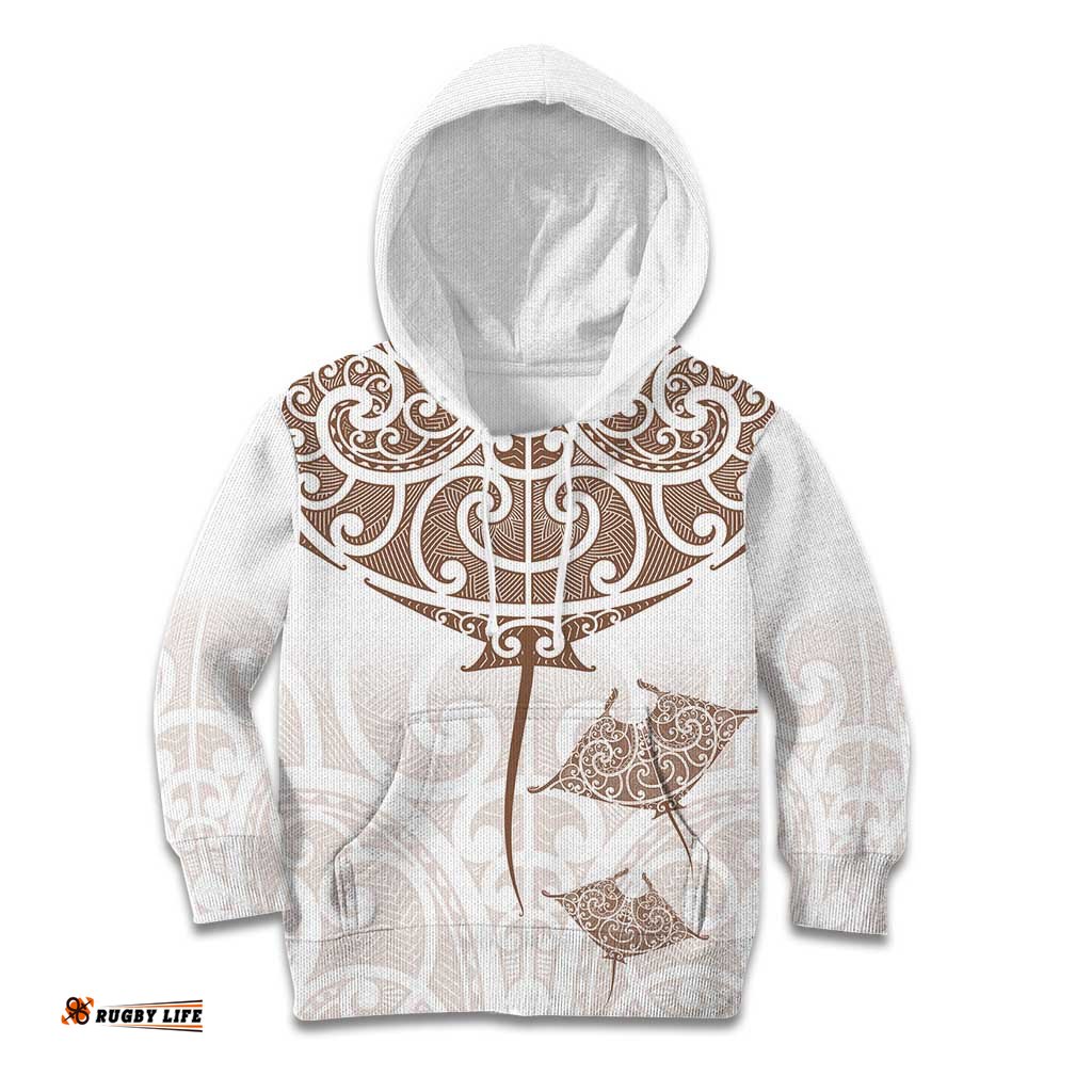 New Zealand Manta Ray Tattoo Kid Hoodie Aotearoa Maori Haehae Beige LT14