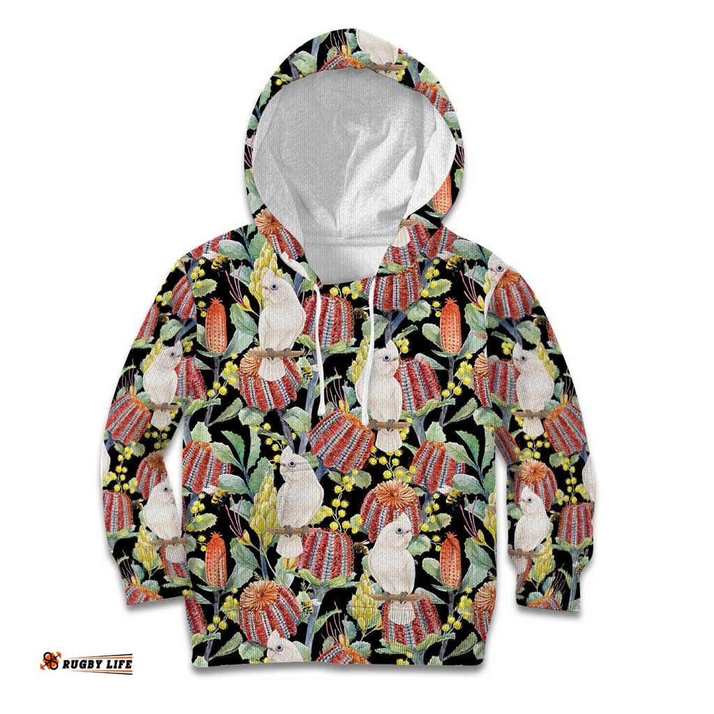Little Corella Australia Cockatoo Kid Hoodie Cacatua Sanguinea Banksia Seamless Black LT14
