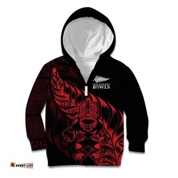 New Zealand Lawn Bowls Custom Kid Hoodie Red Maori Warrior Tribal Silver Fern LT9