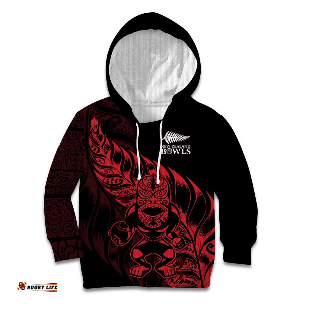 New Zealand Lawn Bowls Custom Kid Hoodie Red Maori Warrior Tribal Silver Fern LT9