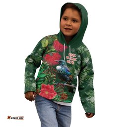 Tui Meri Kirihimete Personalised Kid Hoodie Pohutukawa Flowers Green Motif LT9