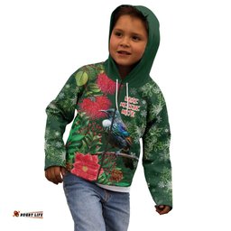 Tui Meri Kirihimete Personalised Kid Hoodie Pohutukawa Flowers Green Motif LT9