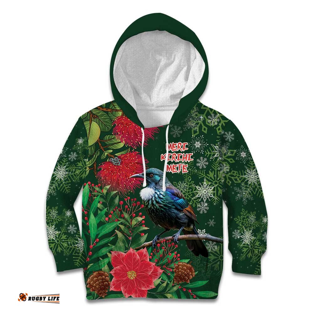 Tui Meri Kirihimete Personalised Kid Hoodie Pohutukawa Flowers Green Motif LT9