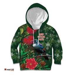 Tui Meri Kirihimete Personalised Kid Hoodie Pohutukawa Flowers Green Motif LT9