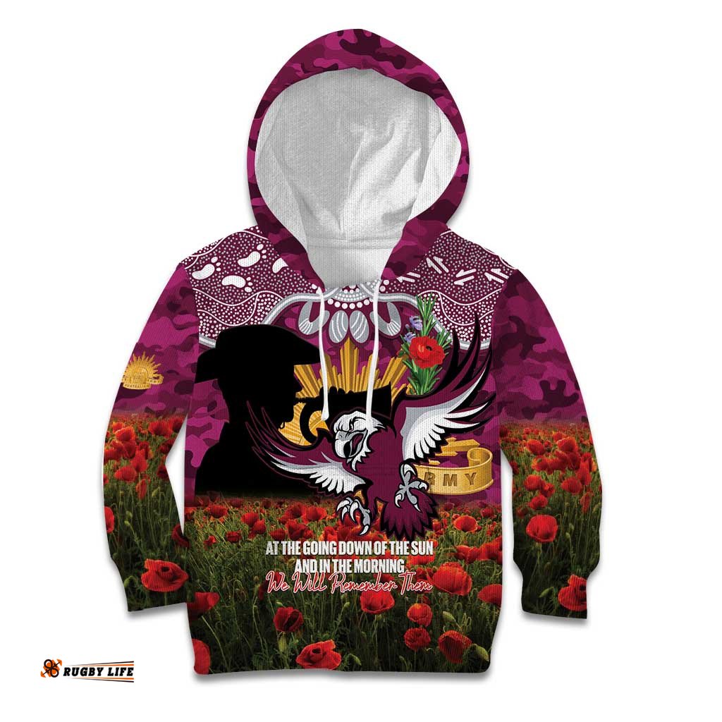 Personalised Sea Eagles Rugby ANZAC Day Kid Hoodie Last Post Poppy We Will Remember Them LT14