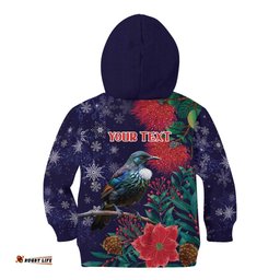 Tui Meri Kirihimete Personalised Kid Hoodie Pohutukawa Flowers Blue Motif LT9
