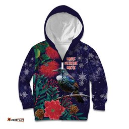 Tui Meri Kirihimete Personalised Kid Hoodie Pohutukawa Flowers Blue Motif LT9
