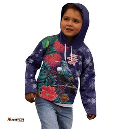 Tui Meri Kirihimete Personalised Kid Hoodie Pohutukawa Flowers Blue Motif LT9