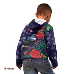 Tui Meri Kirihimete Personalised Kid Hoodie Pohutukawa Flowers Blue Motif LT9