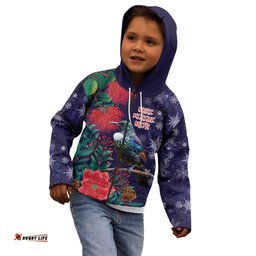 Tui Meri Kirihimete Personalised Kid Hoodie Pohutukawa Flowers Blue Motif LT9
