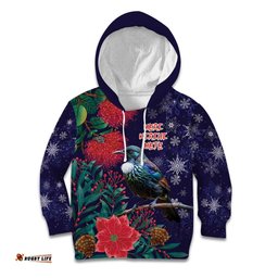 Tui Meri Kirihimete Personalised Kid Hoodie Pohutukawa Flowers Blue Motif LT9