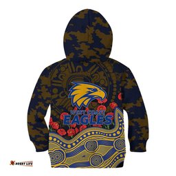 West Coast Eagles ANZAC Day Kid Hoodie Indigenous Dot Art with Poppy Flower Tribute TS04