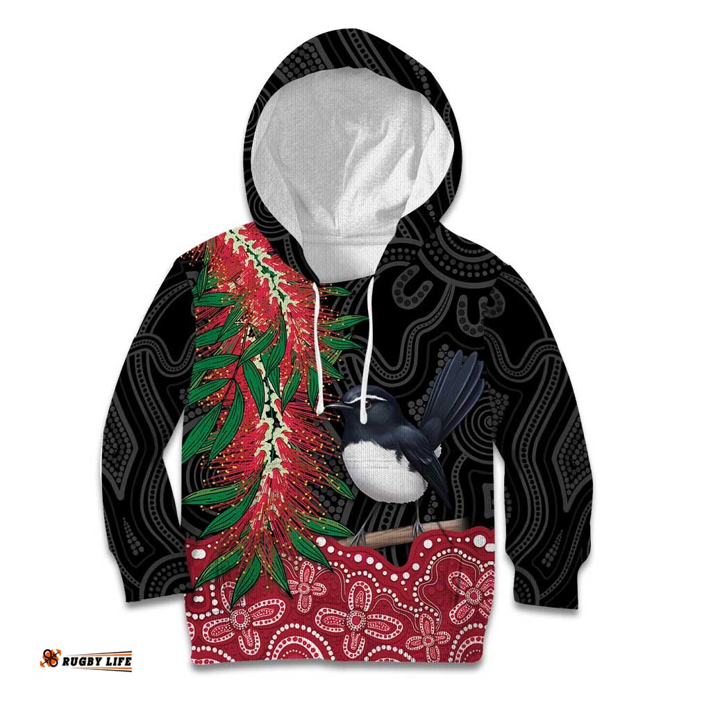 Willie wagtail Australia Kid Hoodie Aussie Bottlebrushes Aboriginal Art LT14