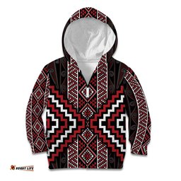 Red Tukutuku Pattern Aotearoa Kid Hoodie Niho Taniwha and Puhoro Motifs LT7