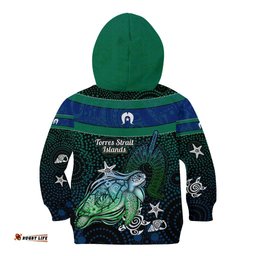 Torres Strait Islands Sea Turtle and Dhari Kid Hoodie Oceanic Indigenous Dotwork Tribal Illustration TS04