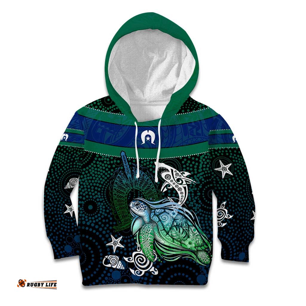 Torres Strait Islands Sea Turtle and Dhari Kid Hoodie Oceanic Indigenous Dotwork Tribal Illustration TS04
