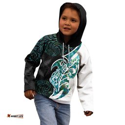 Proud Aotearoa Kid Hoodie Maori Silver Fern Mix Paua Shell Pattern LT14