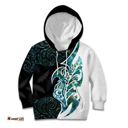 Proud Aotearoa Kid Hoodie Maori Silver Fern Mix Paua Shell Pattern LT14
