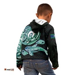 Whale and Dhari Torres Strait Islands Kid Hoodie Deep Green Oceanic Tribal Pattern Art TS04