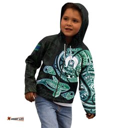 Whale and Dhari Torres Strait Islands Kid Hoodie Deep Green Oceanic Tribal Pattern Art TS04