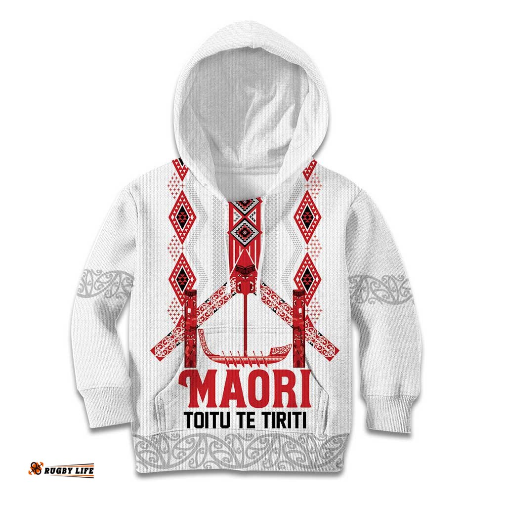 Toitu Te Tiriti Waitangi Kid Hoodie White Wharenui House LT9