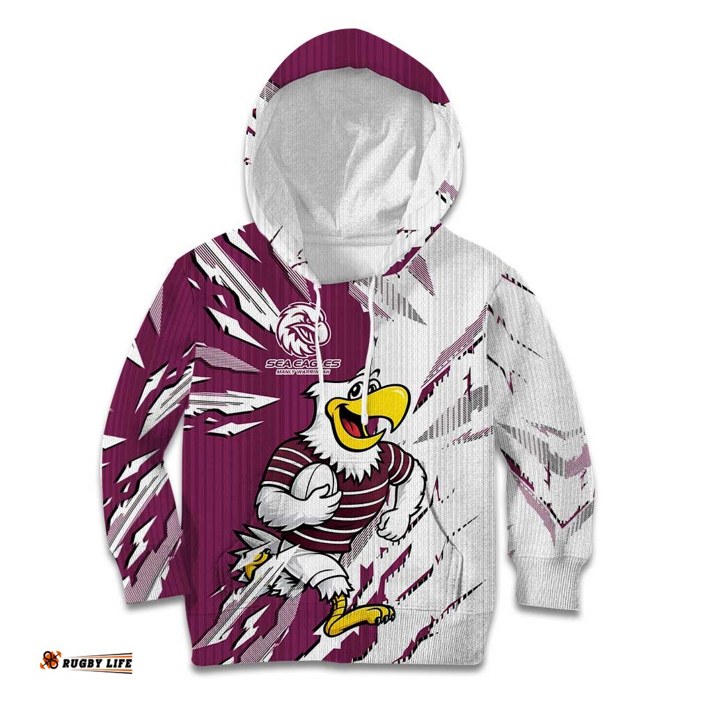 Personalized Manly Warringah Sea Eagles Kid Hoodie Dynamic Lightning Mascot Rugby Australia TS04