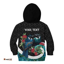 Personalised Valentine's Day New Zealand Kid Hoodie Tui Bird Couple Kowhaiwhai Mix Pohutukawa LT14
