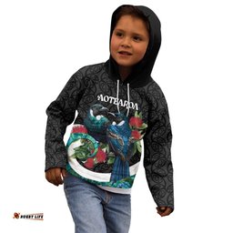 Personalised Valentine's Day New Zealand Kid Hoodie Tui Bird Couple Kowhaiwhai Mix Pohutukawa LT14