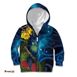 Tui Bird New Zealand Starry Sky Kid Hoodie Maori Koru LT7