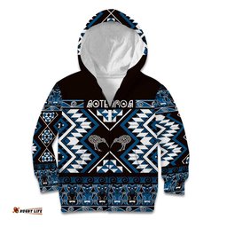 Personalised Taniko Motifs Aotearoa Kid Hoodie Waitangi Kowhaiwhai Kiwi - Blue LT7