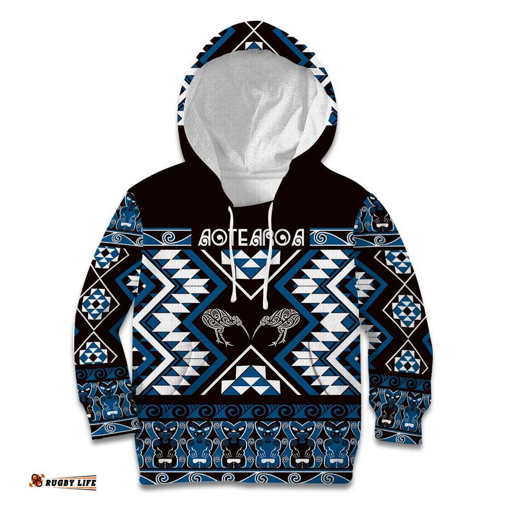 Personalised Taniko Motifs Aotearoa Kid Hoodie Waitangi Kowhaiwhai Kiwi - Blue LT7