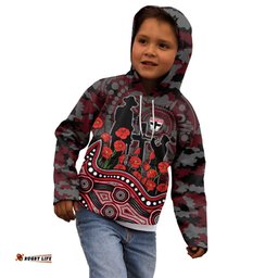 St Kilda Saints ANZAC Day Kid Hoodie Indigenous Dot Art with Poppy Flower Tribute TS04
