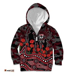 St Kilda Saints ANZAC Day Kid Hoodie Indigenous Dot Art with Poppy Flower Tribute TS04