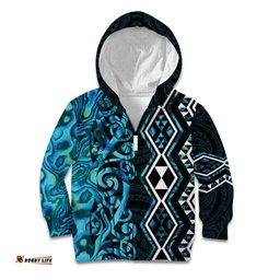 Turquoise Aotearoa Kid Hoodie Taniko Motifs With Paua Shell Kowhaiwhai LT14