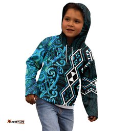 Turquoise Aotearoa Kid Hoodie Taniko Motifs With Paua Shell Kowhaiwhai LT14