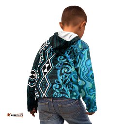 Turquoise Aotearoa Kid Hoodie Taniko Motifs With Paua Shell Kowhaiwhai LT14