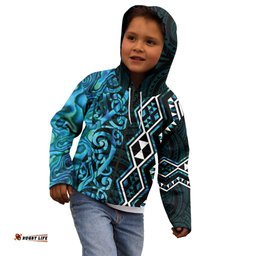 Turquoise Aotearoa Kid Hoodie Taniko Motifs With Paua Shell Kowhaiwhai LT14